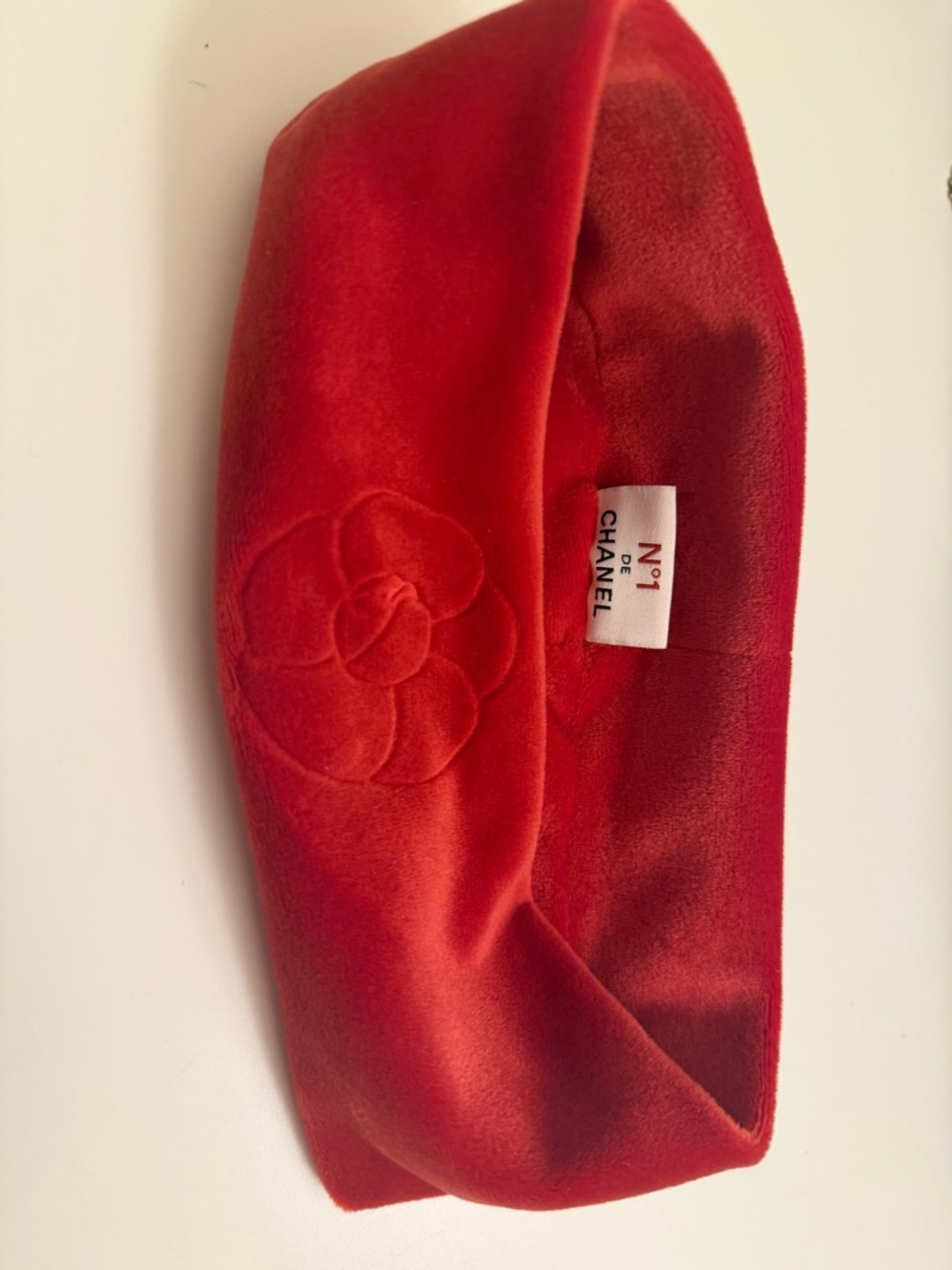 Chanel No 1 Soft Camellia Logo Hair Band Red Velvet Embossed Floral Headband